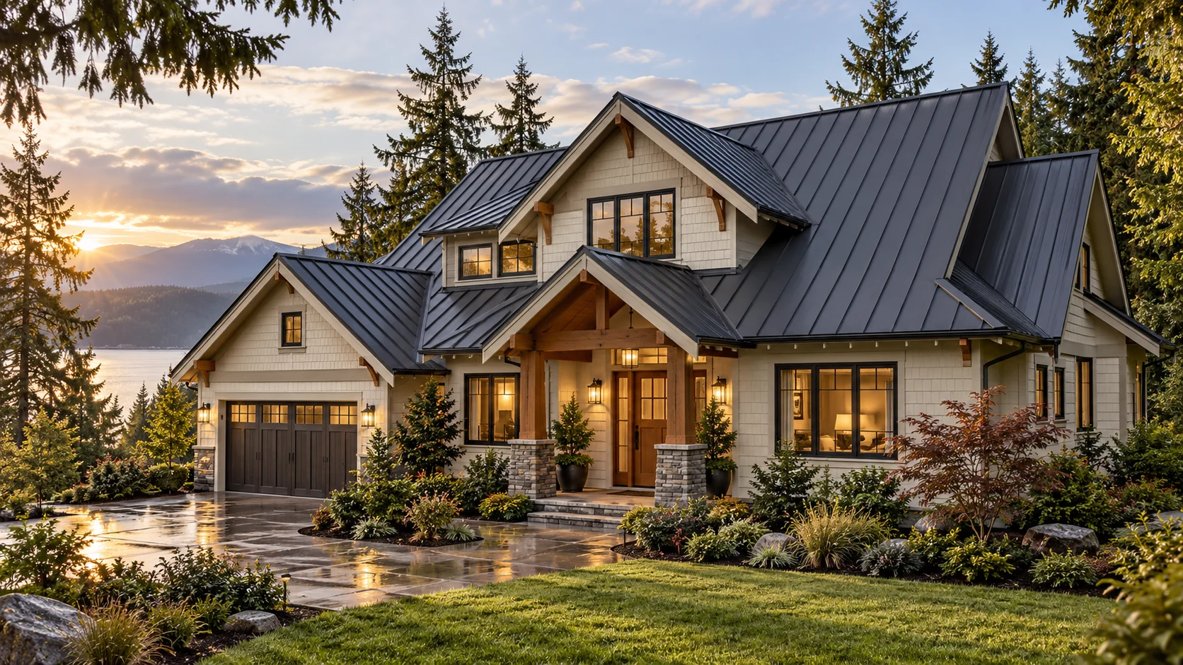 AI-generated design illustration of a Pacific Northwest home with a charcoal standing-seam metal roof